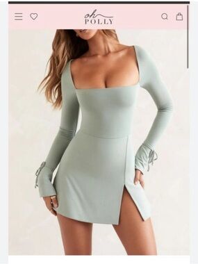 NEW Oh Polly Sage Green Long Sleeve Square Neck Dress